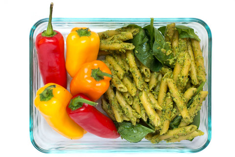 Pasta with pumpkin seed pesto and fresh bell peppers. Perfect gluten-free, nut-free, back to school lunch idea. Plant-powered protein for the win!