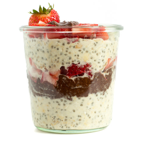 Chocolate strawberry overnight oats with dark chocolate sunflower seed butter. Perfect for kids.