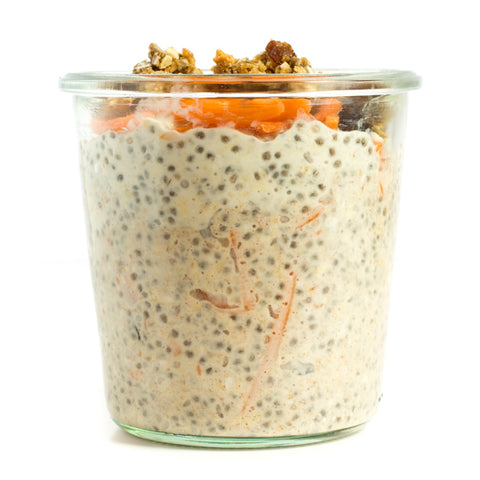 Carrot cake overnight oats topped with apple ginger seednola. Vegan recipe, great for a quick breakfast.