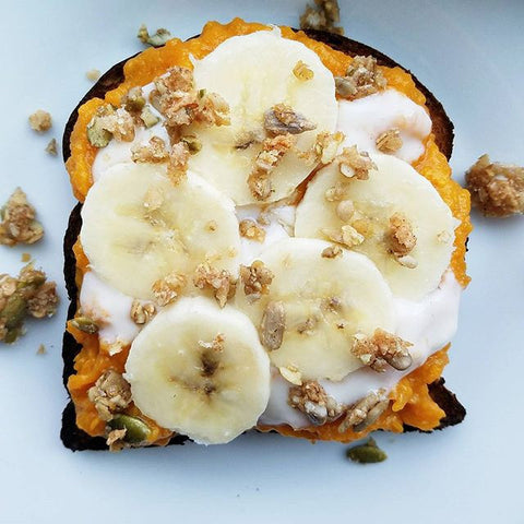 Sweet potato mash and yogurt spread on toast,  with banana coins and seednola. Easy, beautiful breakfast idea. 