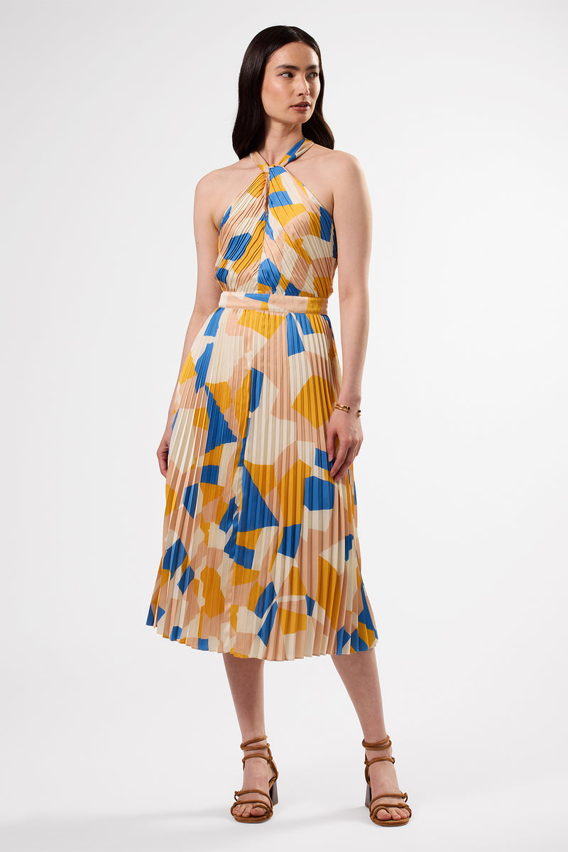 Pleat Recycled Sateen Dress - Sonia Indigo Blue Multi