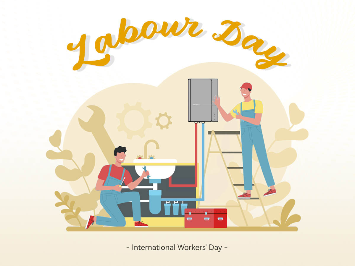 A vibrant Labor Day illustration depicts workers installing a Wintemp tankless water heater with joy