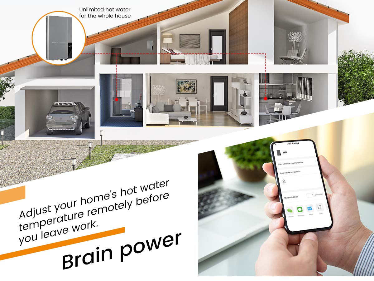 A smart home layout featuring a tankless water heater system controlled remotely via a mobile app, highlighting convenience and efficiency.