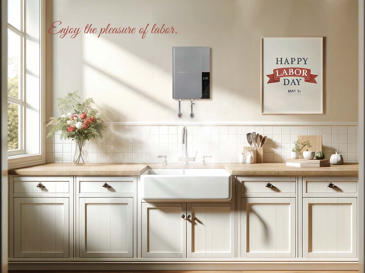 A cozy kitchen interior is adorned with a Wintemp tankless water heater, celebrating Labor Day.