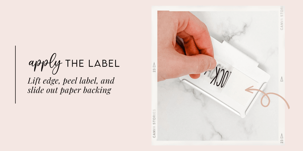a label saying "backstock" is being applied. A hand lifts up a corner of the transfer tape
