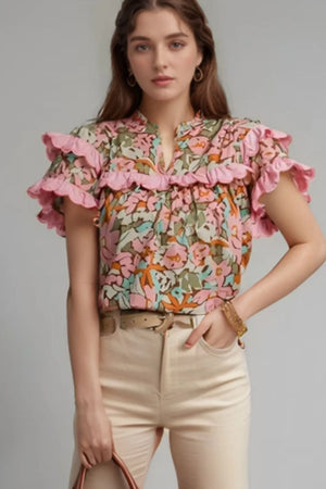 Multicolour Floral Tiered Ruffled Short Sleeve Blouse - Simply Love