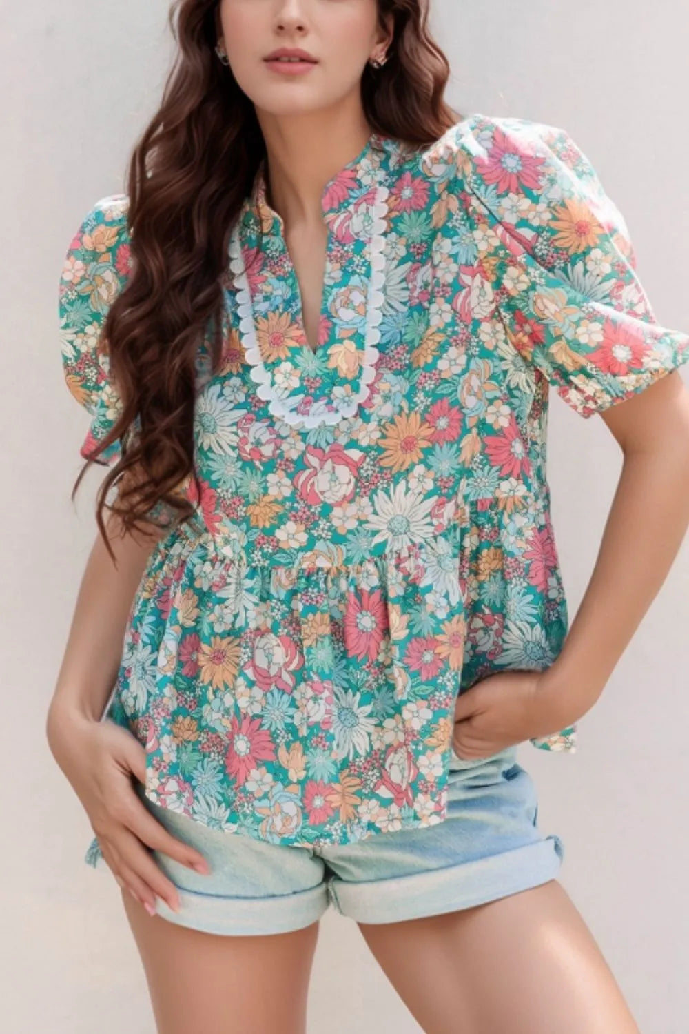 Multicolour Notched Neck Puff Short Sleeve Floral Blouse