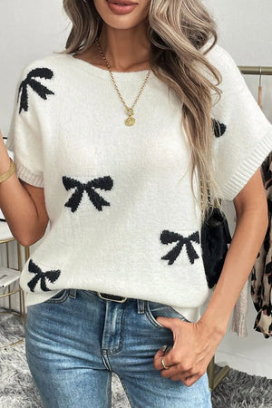 Bow Pattern Knit Short Sleeve Sweater - Simply Love