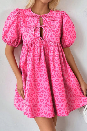 Leopard Tie Front Puff Sleeve Dress - Simply Love