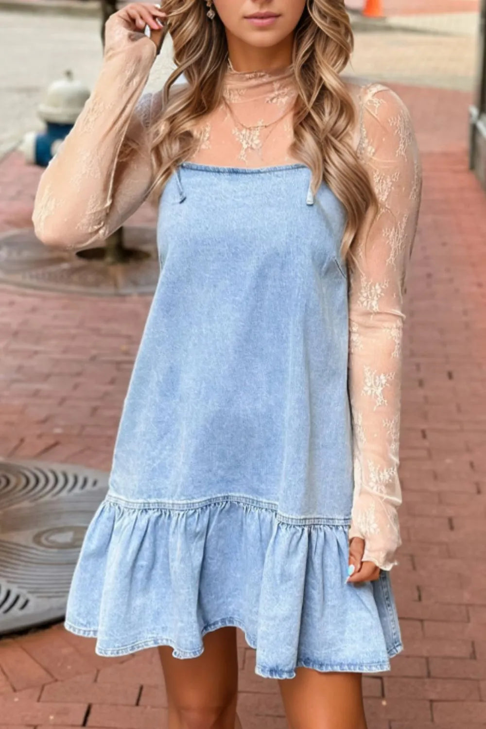 Bow Detail Spaghetti Straps Ruffle Hem Denim Dress