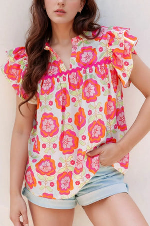 Floral Ruffled Sleeve Ric-Rac Trim Split Neck Loose Blouse - Simply Love