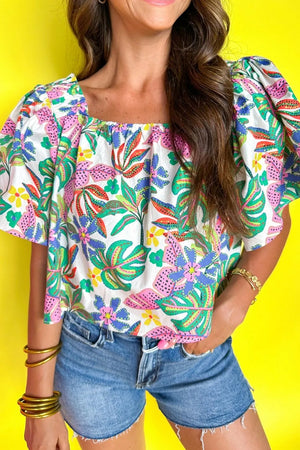 Plant Print Loose Fit Puff Sleeve Square Neck Blouse - Simply Love