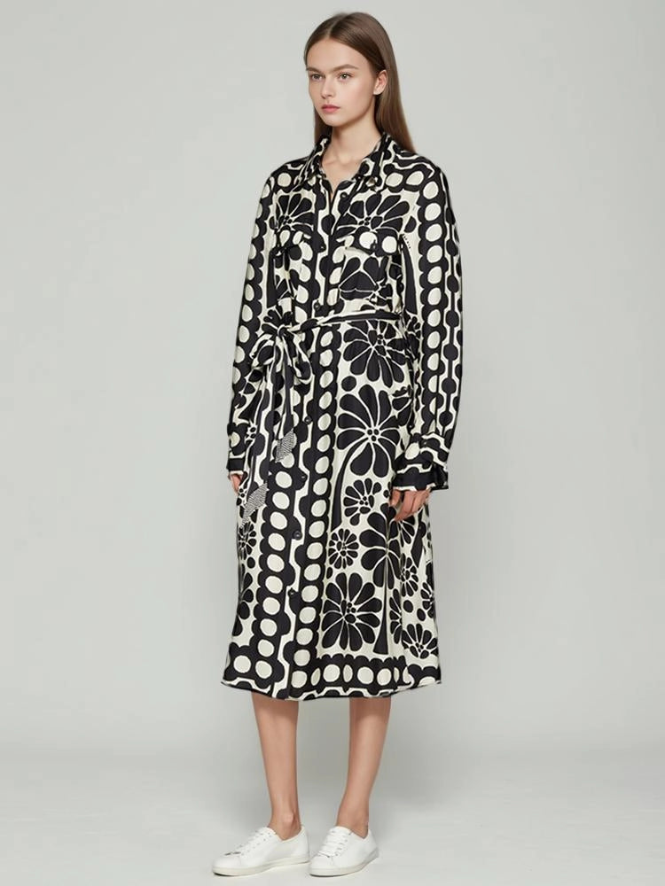 Black Printed Tie Long Sleeve Dress