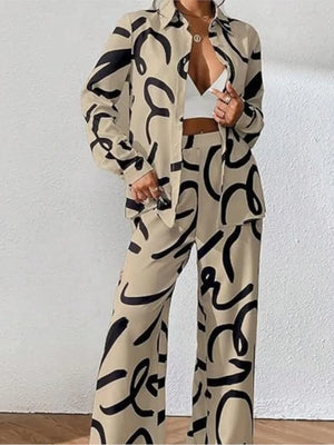 Women Clothing 2024 Autumn New Fashion Print Set Casual Button Collar Shirt Long Sleeved Wide Leg Pants Long Pants Two-piece Set - FELICE Beauty Wellness 