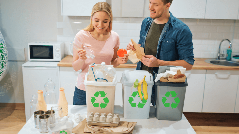 Young Couple Segregating Wastes on Garbage Bins