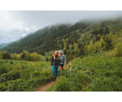 Hiking in foggy mountains