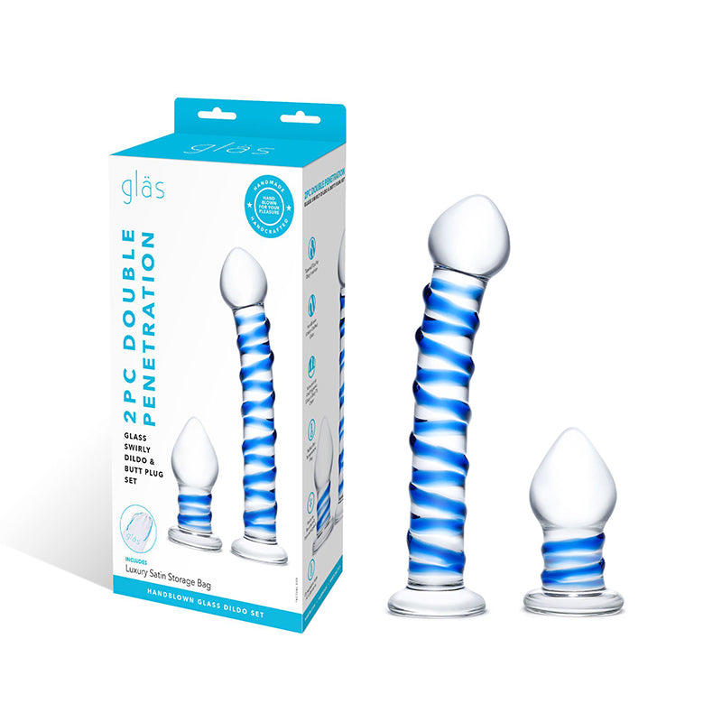 Glas 2 Piece Double Penetration Glass Swirly Dildo And Butt Plug Set