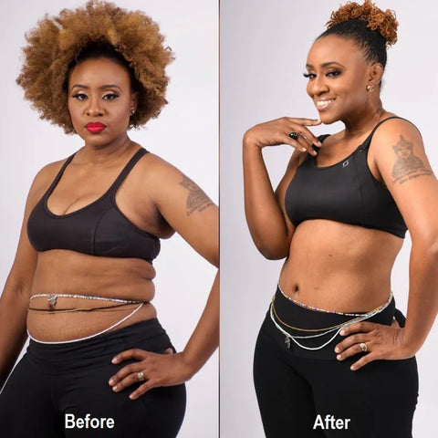 Before and After images of using waist beads for weight loss.