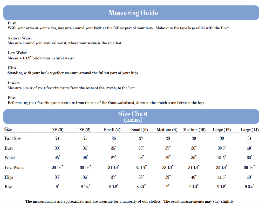 ana jeans size chart