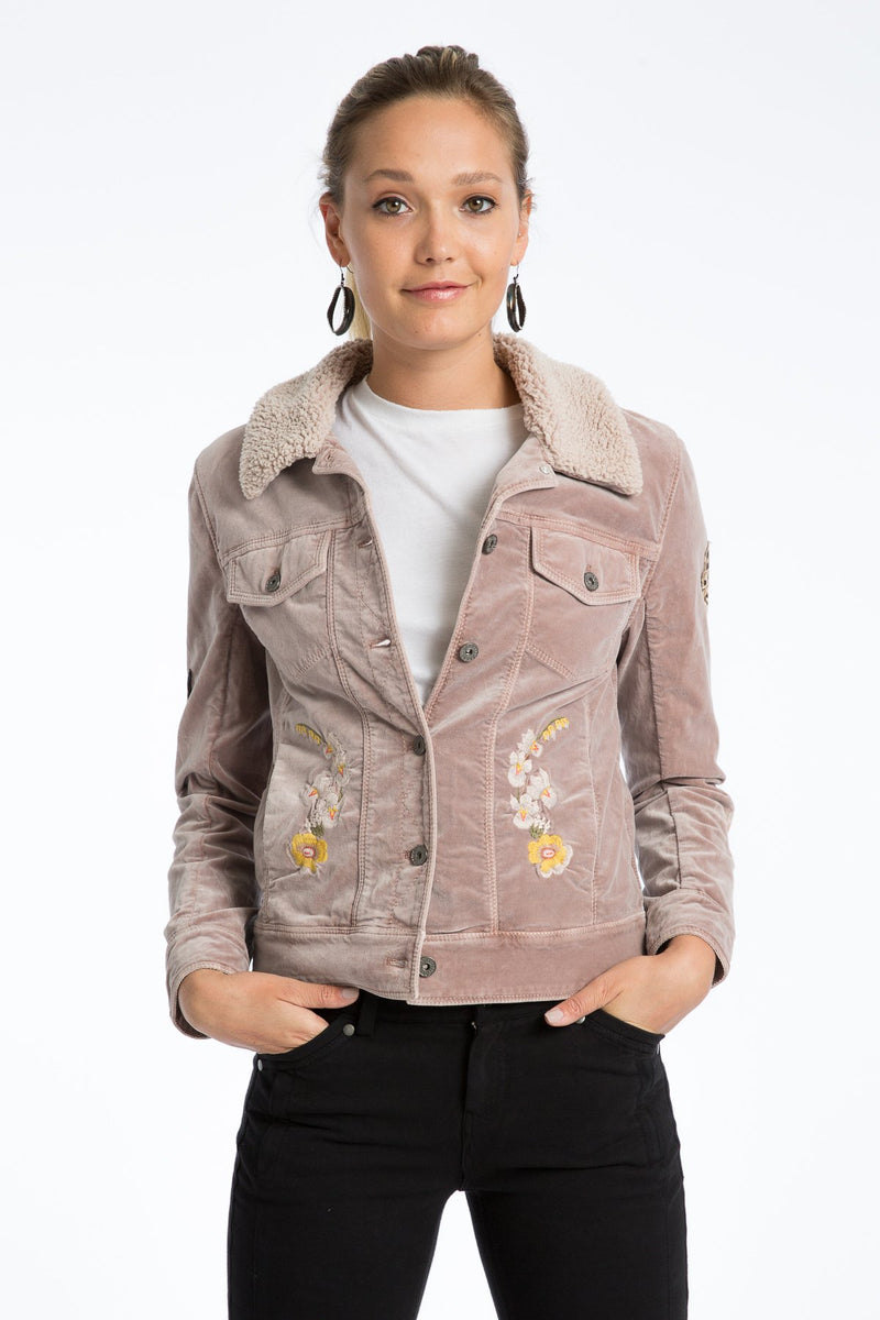 Janie 60's Velveteen Embroidered Trucker Jacket - Women's Casual Velvet ...