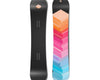 The top view and bottom view of a snowboard. The top view is black with a singular peach cube.
          The bottom view has a graphic of a stack of blocks in a gradient from light blue, to pink to peach.