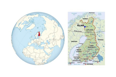 World map and map of Finland with Ylläs ski resort marked