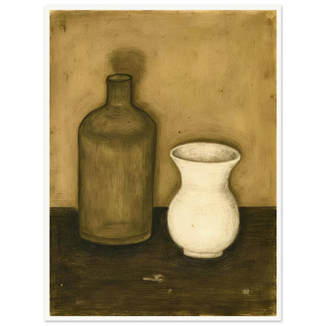 Two vessels—a brown bottle and a white vase—stand side by side on a dark wooden surface with a soft, earthy-toned background.