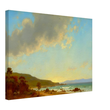 A sunlit coastal landscape with gentle waves meeting a golden shore, framed by rocky outcrops and distant hills under a vast sky.
