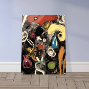 Colorful, abstract shapes and symbols swirl across a textured black canvas, resembling a dreamlike dance of forms.