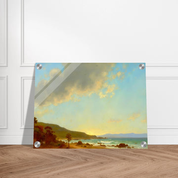 A sunlit coastal landscape with gentle waves meeting a golden shore, framed by rocky outcrops and distant hills under a vast sky.