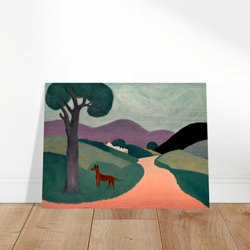 Stylized countryside landscape with rolling green hills, a purple mountain range, a lone tree, and a brown dog standing on a peach path.