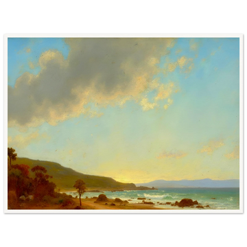 A sunlit coastal landscape with gentle waves meeting a golden shore, framed by rocky outcrops and distant hills under a vast sky.