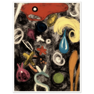 Colorful, abstract shapes and symbols swirl across a textured black canvas, resembling a dreamlike dance of forms.
