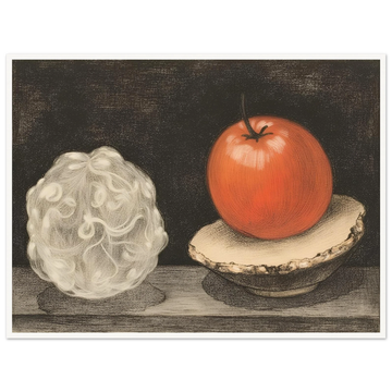 A surreal still life of a glossy red fruit on a shell beside a cloudlike orb, set against a dark textured background.