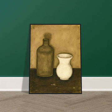 Two vessels—a brown bottle and a white vase—stand side by side on a dark wooden surface with a soft, earthy-toned background.
