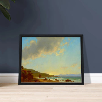 A sunlit coastal landscape with gentle waves meeting a golden shore, framed by rocky outcrops and distant hills under a vast sky.