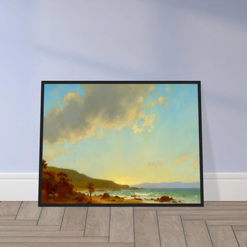 A sunlit coastal landscape with gentle waves meeting a golden shore, framed by rocky outcrops and distant hills under a vast sky.