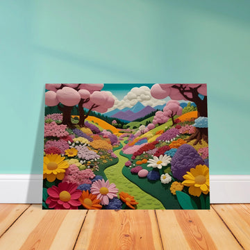 A whimsical, pastel-colored valley with blooming flowers, pink cherry blossom trees, and a winding green path leading to purple mountains.