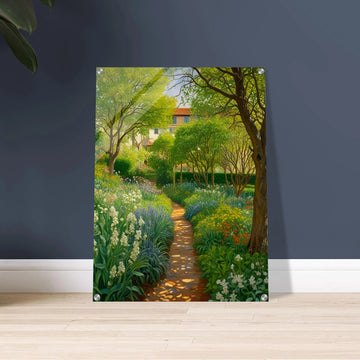 A serene garden path leads through lush greenery and colorful blossoms, with sunlight filtering through the trees, evoking peace and warmth.