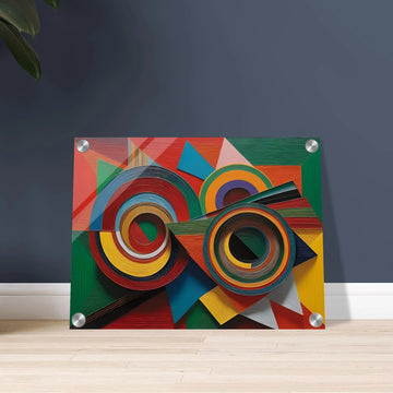 Vivid geometric painting with intersecting concentric circles and sharp-edged forms in bold reds, greens, blues, and yellows.