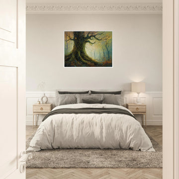 Enchanted forest scene featuring a massive, ancient tree with mossy roots and glowing golden lights against a hazy woodland backdrop.