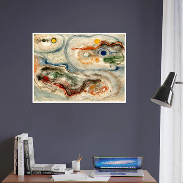 Fluid planetary forms and swirling celestial paths in watercolor evoke the quiet dance of orbiting worlds and stellar energy.