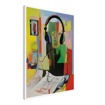 "Abstract painting featuring a figure wearing large headphones, surrounded by vibrant blocks of color, with a microphone and sketchbook nearby."
