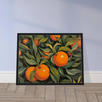 Bright oranges nestled in a sea of lush green leaves, bursting with life and sun-kissed vibrance on a deep backdrop.