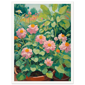 Lush garden scene with blooming pink flowers in terracotta pots surrounded by leafy green foliage under soft daylight.
