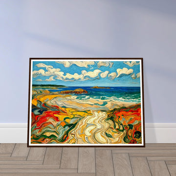 A colorful and dynamic painting of a beach scene with swirling patterns in the sand and water, vibrant blues, reds, yellows, and greens under a bright sky.