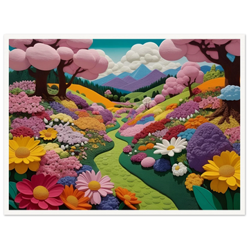A whimsical, pastel-colored valley with blooming flowers, pink cherry blossom trees, and a winding green path leading to purple mountains.