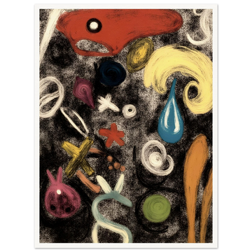 Colorful, abstract shapes and symbols swirl across a textured black canvas, resembling a dreamlike dance of forms.