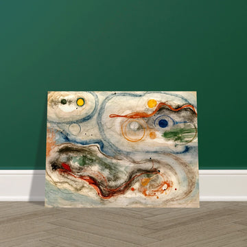Fluid planetary forms and swirling celestial paths in watercolor evoke the quiet dance of orbiting worlds and stellar energy.
