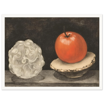 A surreal still life of a glossy red fruit on a shell beside a cloudlike orb, set against a dark textured background.